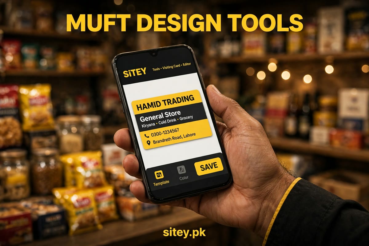 A shopkeeper’s hand holding a phone with a yellow Hamid Trading visiting card in Sitey’s editor, shelves of a general store behind