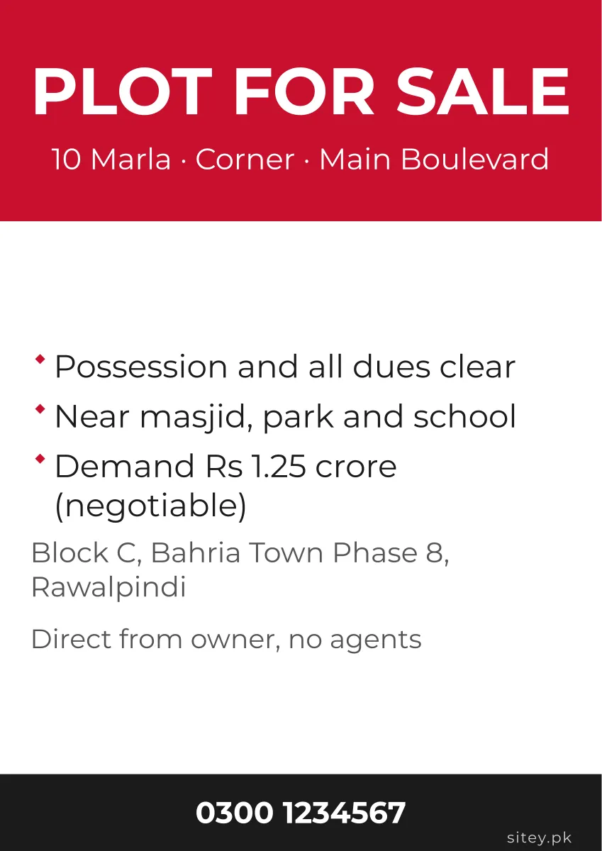 Plot for sale poster, Notice design
