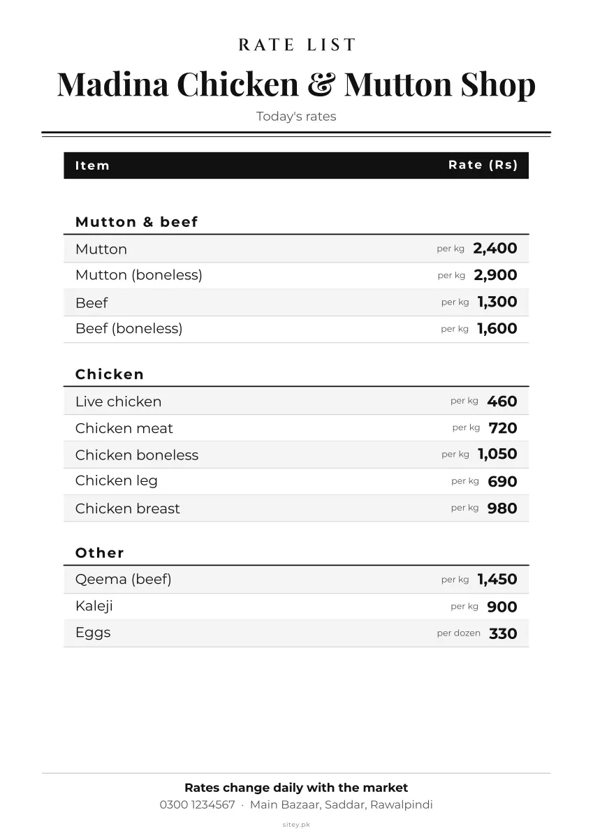 Clean table rate list design