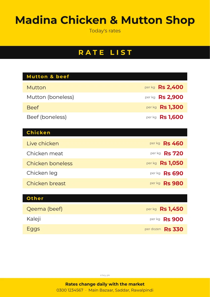 Shop board rate list design
