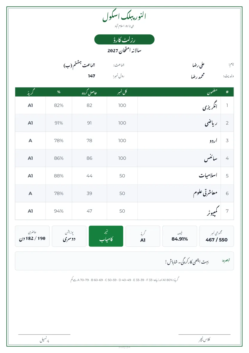 کلاسک رزلٹ کارڈ ڈیزائن