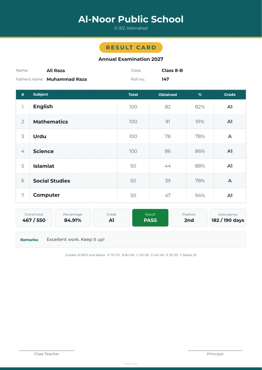 Colour band result card design